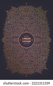 Vector geometric design, mono line, abstract golden frame, border, luxury packaging template. Use for ad, poster, card, cover. Art deco wedding, party pattern, retro ornament, linear style