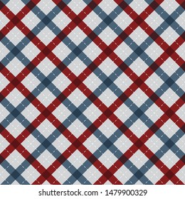 Vector geometric diagonal fabric plaid seamless texture. Colored red and blue pattern.