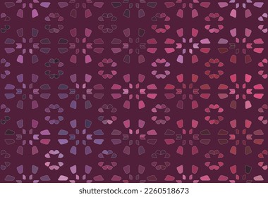 Vector geometric dotted seamless pattern. Simple minimal texture with halftone dots, crosses, floral silhouettes, stars, grid. Abstract background in burgundy and pink color. Stylish repeat design