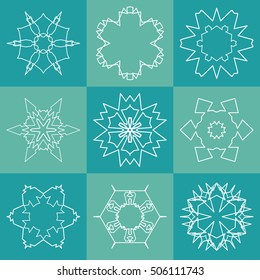 Vector geometric elements collection for business logo, icon, label, emblem. Creative idea sign, brand identity. Ornamental mandala symbols set. Line geometrical floral shape, stylized flower, star.