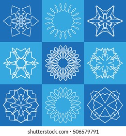 Vector geometric elements collection for business logo, icon and label emblems. Creative idea brand identity signs. Ornamental mandala symbol set. Line geometrical floral shape of stylized flower or star