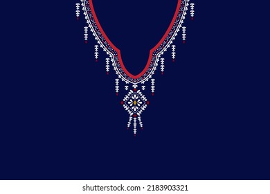 Vector - Geometric ethnic oriental pattern of necklace, collar.White, red and yellow on dark blue background. Can be use for fashion, fabric, print, handcraft, clothing.