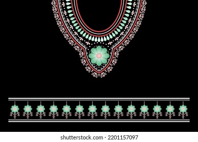 Vector - Geometric Ethnic Oriental Pattern Of Necklace, Collar. Flower And Leaves On Black Background. Can Be Use For Fashion, Neckline, Fabric, Print, Handcraft, Clothing, Jewelry.