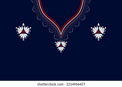 Vector - Geometric ethnic oriental pattern of necklace, collar. White, red on dark blue background. Can be use for fashion, fabric, print, handcraft, clothing, jewelry.