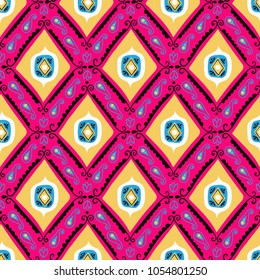 Vector geometric ethnic pattern with diamonds, triangles, stripes, lines and flowers. Tribal background in bright pink colors fro spring summer fashion. Bold print in bohemian and boho chic style