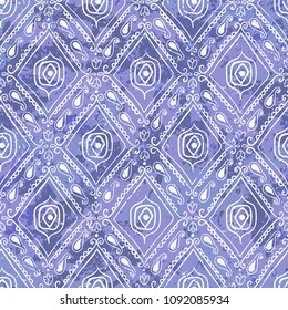 Vector geometric ethnic pattern with diamonds, triangles, stripes, lines and flowers. Tribal background in purple colors fro spring summer fashion. Bold ethnic print in bohemian and boho chic style