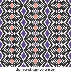 Plaza de rhombus geométrico vectorial de origen étnico tribal, triángulo, forma de chevron sin fisuras sobre fondo negro. Para tela, textil, elementos de decoración interior, tapicería, envoltura.