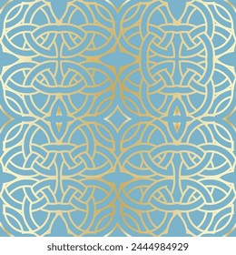 vector, geometric, everlasting classical gold lines pattern on brighten blue background.