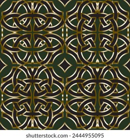 vector, geometric, everlasting knot gold lines pattern on dark green background.