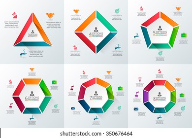 Vector geometric figures for infographic. Template for cycle diagram, graph, presentation and chart. Business concept with 3, 4, 8, 6, 7 and 8 options, parts, steps or processes. Abstract background.