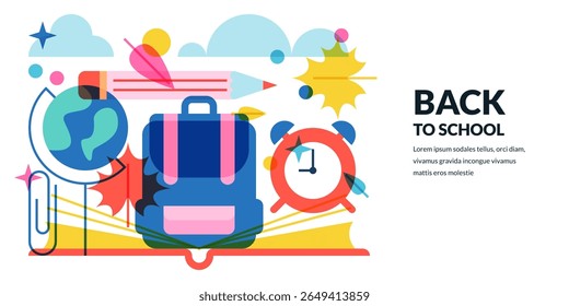 Vector geometric flat illustration of open book, backpack, alarm clock, globe and autumn fall leaves. Back to school multicolor banner or poster design. Learning and education creative concept