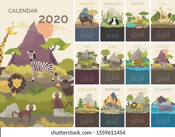 Vector Geometric Flat Style Wild Endangered Animals Calendar 2020. Editable Template Can Be And Used As A Desk, Table Or Wall Calender