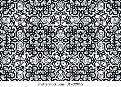 Vector geometric floral lace seamless pattern, tribal ethnic Arabic Indian ornament. Abstract background with hand drawn sketchy repeating texture. Black and white