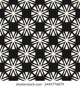 Vector geometric floral ornament. Abstract black and white seamless pattern with simple flowers in modular grid. Stylish monochrome background texture. Repeated design for print, fabric, cloth, cover