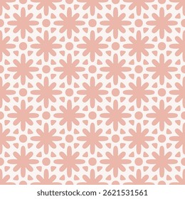 Image vectorielle ornement floral géométrique. Motif harmonieux d'Abstrait avec silhouettes de fleurs audacieuses, formes arrondies, grille, carreaux. Arrière-plan rose et blanc simple. Texture géo mignonne. Conception vintage répétée