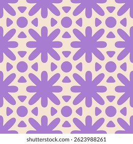 Image vectorielle ornement floral géométrique. motif harmonieux d'Abstrait avec silhouettes de fleurs audacieuses, formes arrondies, carrelage. Joli arrière-plan funky violet et beige. Texture rétro vintage. Conception géographique répétée