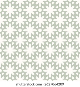 Ornamento floral geométrico vetorial. Abstrato padrão sem emenda com silhuetas de flores arrojadas, formas arredondadas, grade, retículo. Fundo simples verde claro e branco. Textura sutil. Projeto geográfico repetido