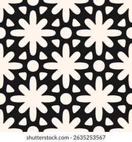 Vector geometric floral ornament. Abstract seamless pattern with bold flower silhouettes, rounded shapes, grid, lattice. Black and white background. Simple monochrome texture. Repeated stylish design