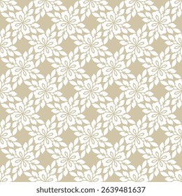 Vector geometric floral ornament. Abstract seamless pattern in oriental style with twisted flower silhouettes, leaves, foliage, tiles. Gold and white luxury background. Elegant repetitive geo design