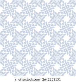 Vector geometric floral ornament. Abstract seamless pattern in oriental style with twisted flower silhouettes, leaves, foliage, tiles. Subtle blue and white background. Repeated design for decor