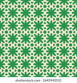 Vector geometric floral ornament. Abstract seamless pattern with bold flower silhouettes, rounded shapes, tiles. Cute funky green and beige background. Retro vintage texture. Repeated stylish design