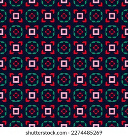 Vector geometric floral ornament in modern ethnic style. Abstract seamless pattern with simple shapes, flower silhouettes, repeat tiles. Background in black, red, pink and green color. Repeat design