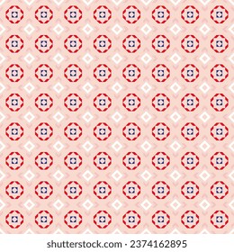 Vector geometric floral ornament in modern ethnic folk style. Abstract seamless pattern with simple shapes, stylized flower silhouettes. Background in pink, red, blue and white color. Repeat design