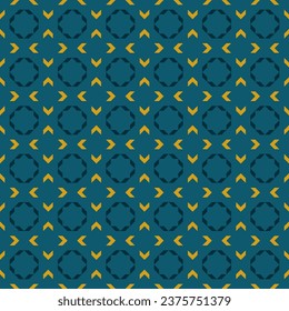 Vector geometric floral ornament in modern ethnic folk style. Abstract seamless pattern with simple minimal shapes, stylised flower silhouettes. Background in teal green and yellow color. Geo design