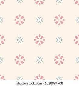 Vector geometric floral ornament. Simple minimalist seamless pattern. Ornamental texture with small flower shapes. Pink, teal and beige abstract background. Subtle repeat design for decor, wallpapers