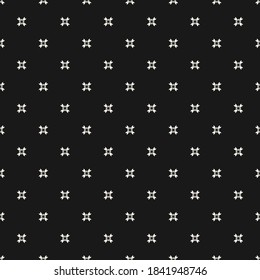 Vector geometric floral ornament. Simple monochrome seamless pattern. Ornamental texture with small flower shapes, tiny crosses. Black and white abstract background. Subtle dark minimal repeat design