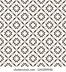 Vector geometric floral pattern. Abstract seamless texture with small flower shapes, square grid, net, mesh, lattice. Black and white minimal ornament. Simple monochrome background. Repeatable design 