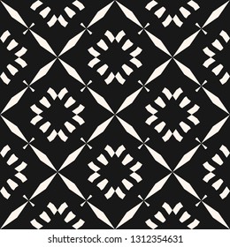 Vector geometric floral pattern. Abstract seamless texture with flower shapes, diamonds, stars, square grid, lattice, repeat tiles. Black and white minimal ornament. Elegant dark monochrome background