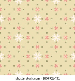 Vector geometric floral pattern. Abstract minimal seamless texture. Simple ornament with small flower shapes, crosses. Elegant background in green, pink and white color. Cute repeat decorative design