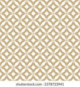 Vector geometric floral pattern. Abstract golden seamless texture with diamond grid, stars, flower silhouettes, net, lattice. Gold and white ornamental background. Repeat geo design for decor, print