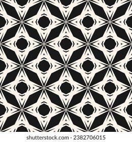 Vector geometric floral pattern. Abstract seamless texture with diamond grid, stars, flower silhouettes, net, lattice. Black and white ornamental background. Repeat design for decor, print, covering