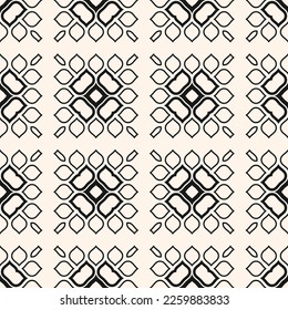 Vector geometric floral pattern. Elegant abstract black and white ornament texture with flower silhouettes, linear shapes, petals, leaves. Halftone line style. Monochrome background. Repeated design 