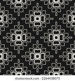 Vector geometric floral pattern. Elegant abstract monochrome ornament texture with flower silhouettes, linear shapes, petals, leaves. Halftone line style. Luxury black and white background. Geo design