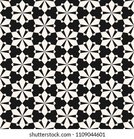 Vector geometric floral pattern. Ornamental seamless texture in traditional ethnic style. Abstract monochrome ornament with flower shapes, stars. Elegant black and white background. Repeat design