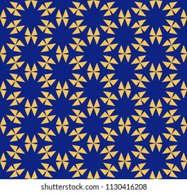 Vector geometric floral pattern. Ornamental seamless texture in traditional ethnic style. Abstract ornament with flower shapes, stars, triangles. Elegant navy blue and yellow repeatable background