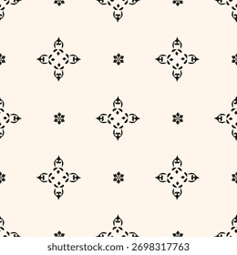 Vector geometric floral pattern. Ornamental seamless texture in traditional ethnic style. Abstract monochrome ornament with flower shapes.
