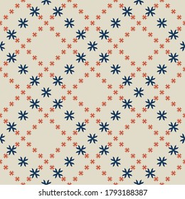 Vector geometric floral pattern. Seamless minimalist texture. Abstract ornament with small flower shapes, crosses, stars in square grid. Blue, red and beige color. Simple repeat background design