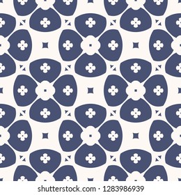 Vector geometric floral pattern. Simple abstract seamless texture with flower shapes, crosses, squares. Elegant ornamental background in navy blue and white color. Repeated design for decor, ceramic