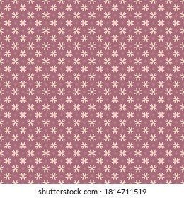Vector geometric floral pattern. Subtle seamless texture. Abstract ornament with small flower shapes, crosses, tiny diamonds. Simple background in dark pink color. Elegant design for decor, fabric