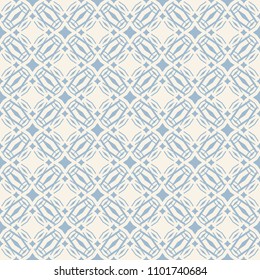 Vector geometric floral seamless pattern. Elegant abstract background with simple figures, diamond shapes, repeat tiles. Ornament design in retro vintage colors, soft blue and beige. Damask texture