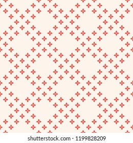 Vector geometric floral seamless pattern. Subtle abstract minimal texture with small flowers in diagonal grid. Retro vintage style ornament. Red terracotta and beige colored background. Repeat design