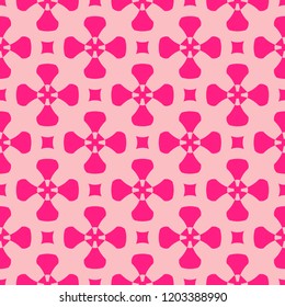 Vector geometric floral seamless pattern, simple pink texture with crosses, squares, flower silhouettes. Abstract repeatable background.  Design for print, decoration, textile, fabric, linens, covers