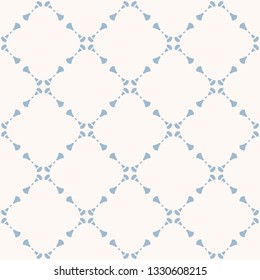 Vector geometric floral seamless pattern with delicate grid, net, mesh, lattice, small flower shapes. Subtle abstract light blue and white background. Ornament texture. Elegant minimal repeat design