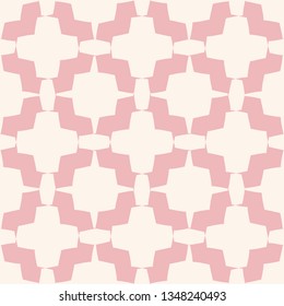 Vector geometric floral seamless pattern. Abstract texture with curved shapes, flower silhouettes, stars, crosses, grid, lattice, mesh. Cute pink and white ornament background. Elegant repeated design