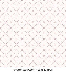 Vector geometric floral seamless pattern with small flower shapes, delicate grid, net, mesh, lattice. Subtle abstract pink and white background. Simple ornament texture. Elegant minimal repeat design
