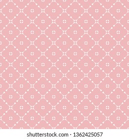 Vector geometric floral seamless pattern with small flower shapes, delicate grid, net, mesh, lattice. Subtle abstract background in pink and white color. Simple ornament texture. Elegant repeat design